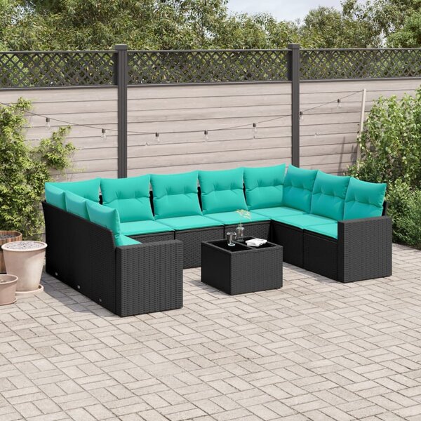 10 részes fekete polyrattan kerti ülőgarnitúra párnával