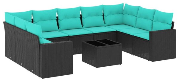 10 részes fekete polyrattan kerti ülőgarnitúra párnával