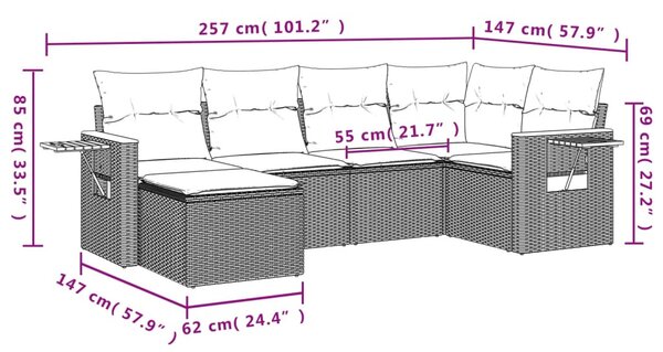 6 részes fekete polyrattan kerti ülőgarnitúra párnával