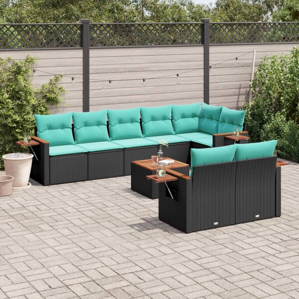 9 részes fekete polyrattan kerti ülőgarnitúra párnával