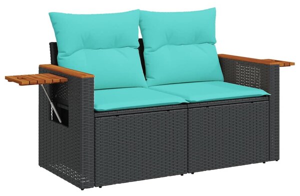 Kétszemélyes fekete polyrattan kerti kanapé párnákkal