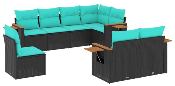 8 részes fekete polyrattan kerti ülőgarnitúra párnával