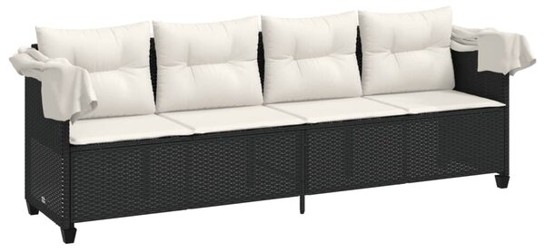Fekete polyrattan napozóágy tetővel és párnával