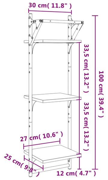 2 db 3 szintes barna tölgy színű fali polc rúddal 30x25x100 cm