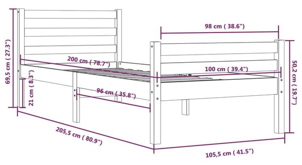 VidaXL Fehér Ágykeret - Tömör Fenyőfa - 100x200 cm