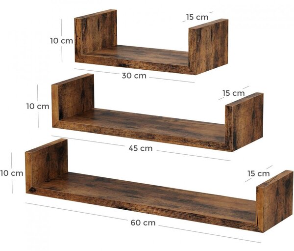 3 darabos lebegő polc szett, rusztikus barna 30/45/60cm