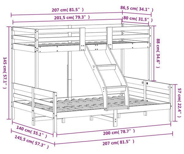 Fehér tömör fenyőfa emeletes ágy 80 x 200/140 x 200 cm
