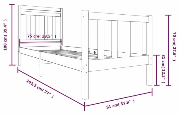 VidaXL Fekete Tömörfa Ágykeret - 75x190 cm