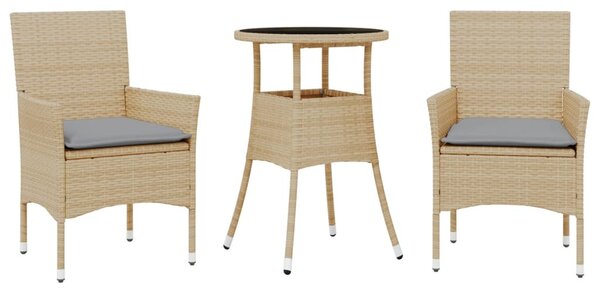 3 részes bézs polyrattan/üveg kerti étkezőgarnitúra párnákkal