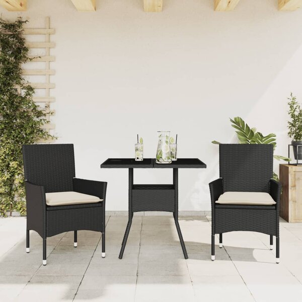 VidaXL 3 részes fekete polyrattan/üveg kerti étkezőgarnitúra párnákkal