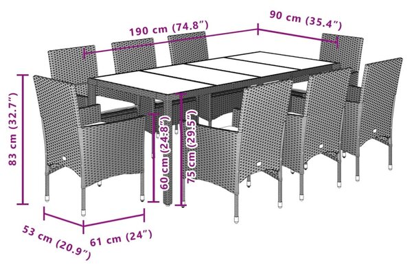 9 részes szürke polyrattan/üveg kerti étkezőgarnitúra párnával