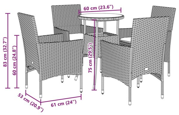 5 részes bézs polyrattan/üveg kerti étkezőgarnitúra párnákkal