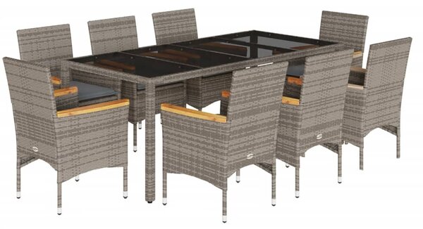 9 részes szürke polyrattan/üveg kerti étkezőgarnitúra párnával