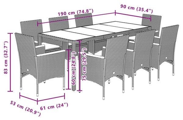 9 részes bézs polyrattan/üveg kerti étkezőgarnitúra párnákkal