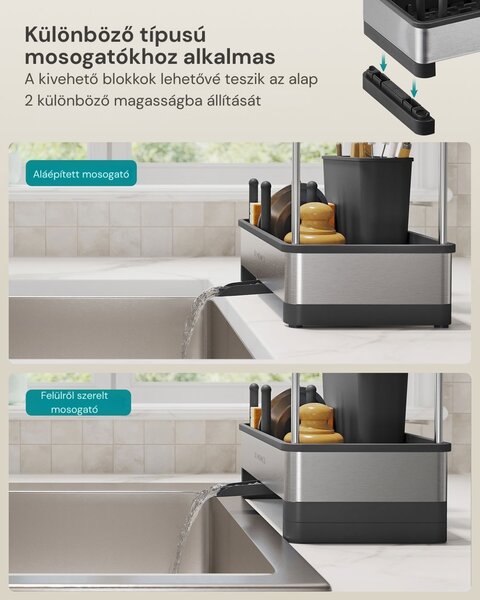 SINK mosogató rendszerező csepegtetővel, ezüst/fekete SongmicsHome