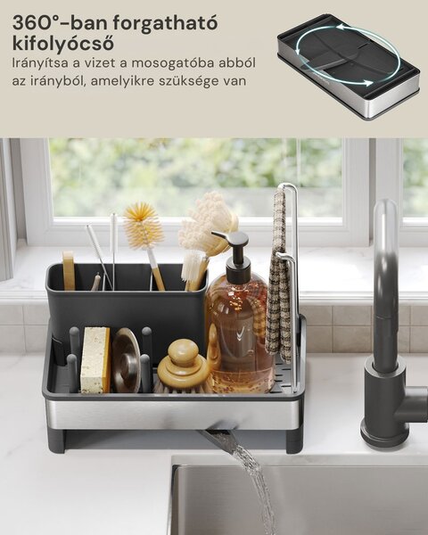 SINK mosogató rendszerező csepegtetővel, ezüst/fekete SongmicsHome