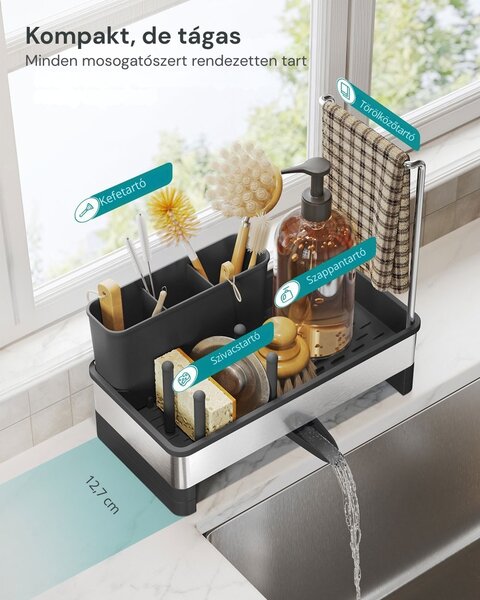 SINK mosogató rendszerező csepegtetővel, ezüst/fekete SongmicsHome