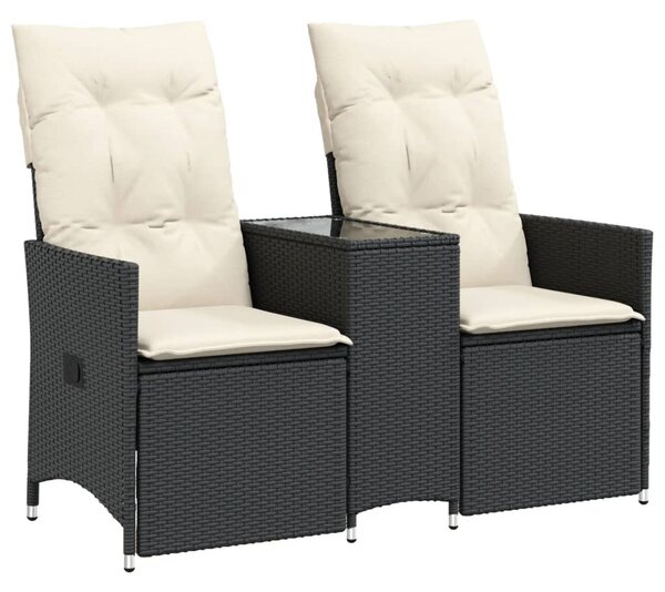 2 személyes fekete polyrattan dönthető kerti kanapé asztallal