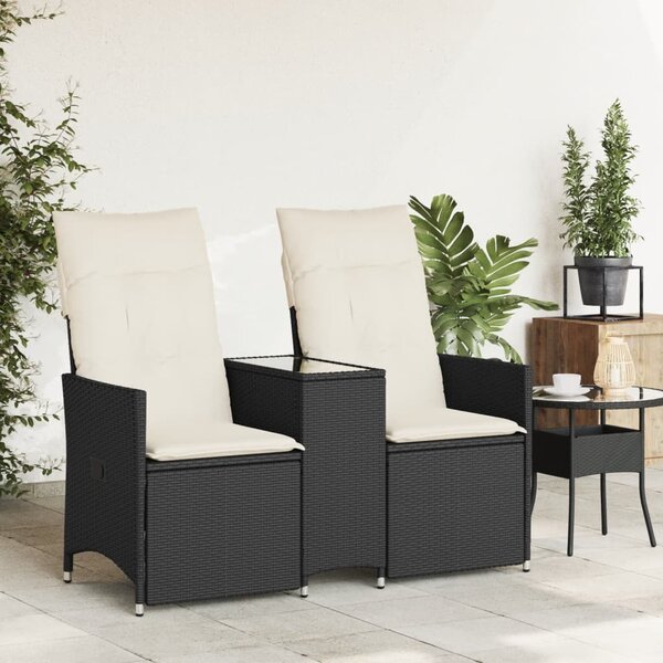 2 személyes fekete polyrattan dönthető kerti kanapé asztallal