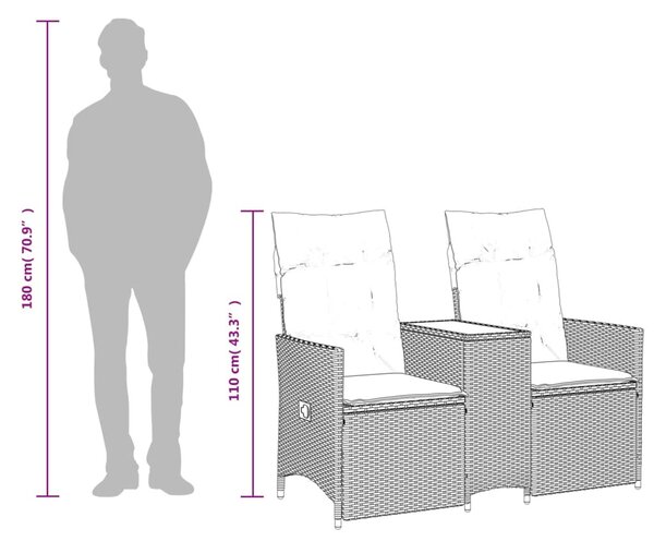 2 személyes bézs polyrattan dönthető kerti kanapé asztallal