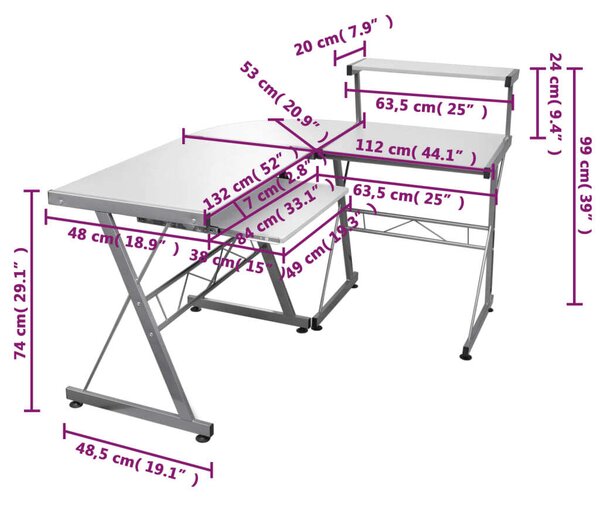 VidaXL Sarok Íróasztal - Fehér - 132x112x99 cm