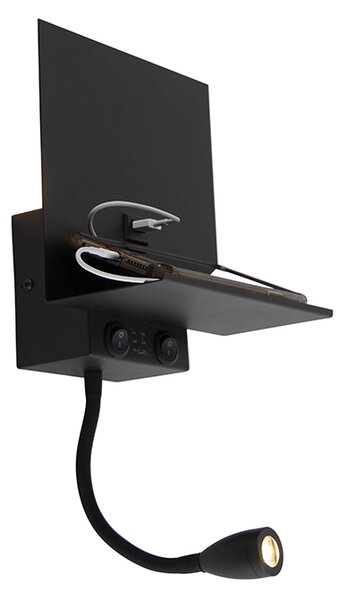 Modern fali lámpa fekete USB-vel és rugalmas karral - Flero