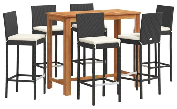 7 részes fekete tömör akácfa és polyrattan kerti bárszett