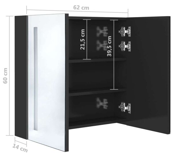 VidaXL fényes fekete LED-es tükrös fürdőszobaszekrény 62 x 14 x 60 cm