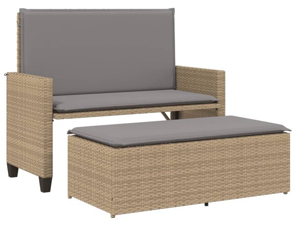 Bézs polyrattan kerti pad párnákkal és lábtartóval