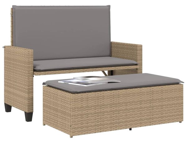 Bézs polyrattan kerti pad párnákkal és lábtartóval