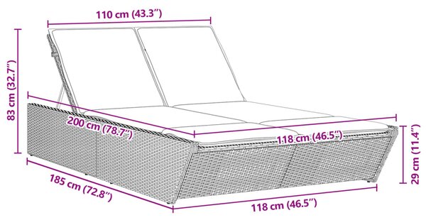 VidaXL barna polyrattan dupla napozóágy párnával