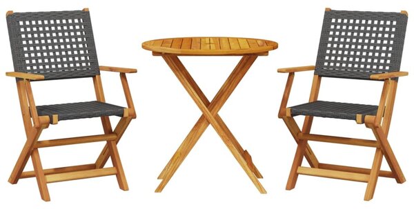 3 részes fekete polyrattan és tömör fa bisztrószett