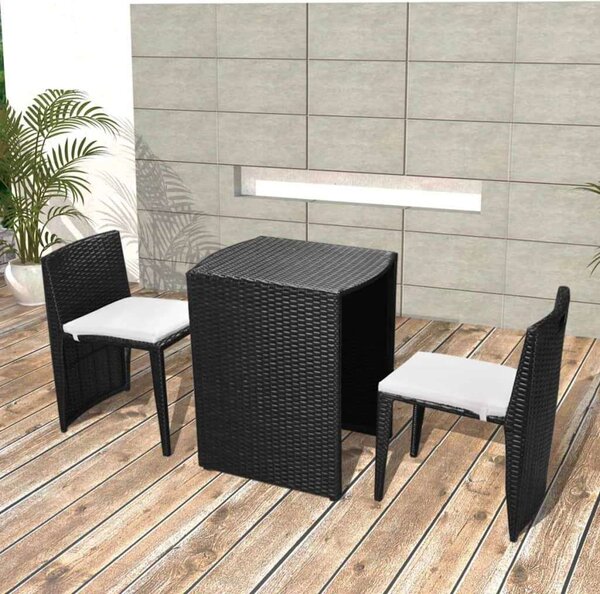 VidaXL 3 darabos fekete polyrattan bisztrószett párnákkal