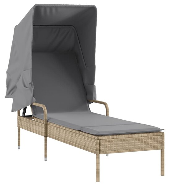 Bézs polyrattan napozóágy tetővel