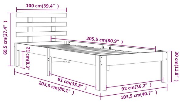 VidaXL Tömörfa Ágykeret - Egyszemélyes - 100x200 cm