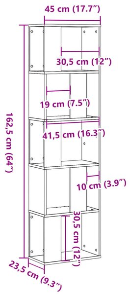 5 szintes füstös tölgy szerelt fa könyvespolc 45x23,5x162,5 cm