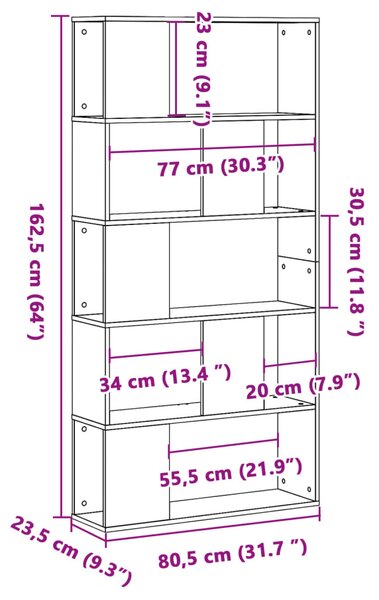 5 szintes szürke sonoma színű fa könyvespolc 80,5x23,5x162,5 cm