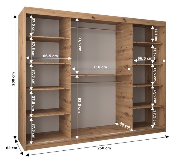 ENNI gardróbszekrény - 250 cm széles, fekete / tölgy sonoma