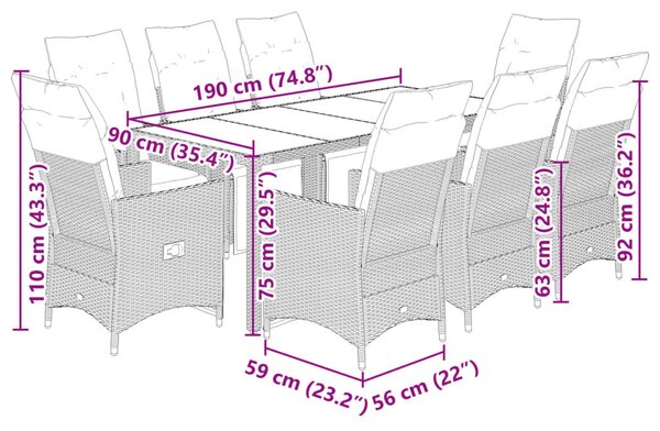 9 részes barna polyrattan kerti bisztrógarnitúra párnákkal