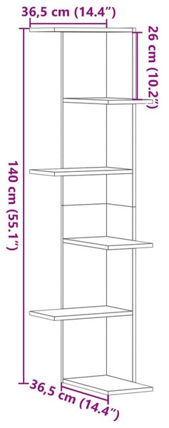 Antik fa színű szerelt fa fali sarokpolc 36,5 x 36,5 x 140 cm