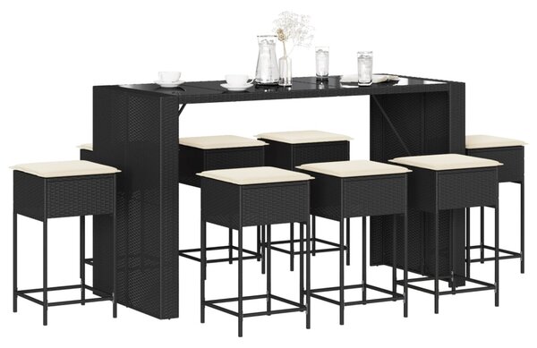 9 részes fekete polyrattan kerti bárszett párnával