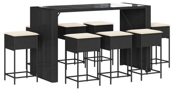 9 részes fekete polyrattan kerti bárszett párnával