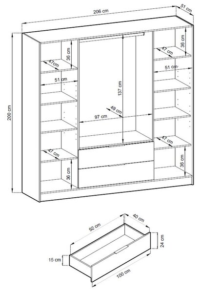 Négyajtós gardróbszekrény MARFA - szélesség 206 cm, kasmír / fekete