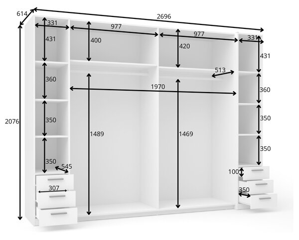 Tükrös gardrób 270 cm fiókokkal GIRADOT - fehér / fekete fogantyúk