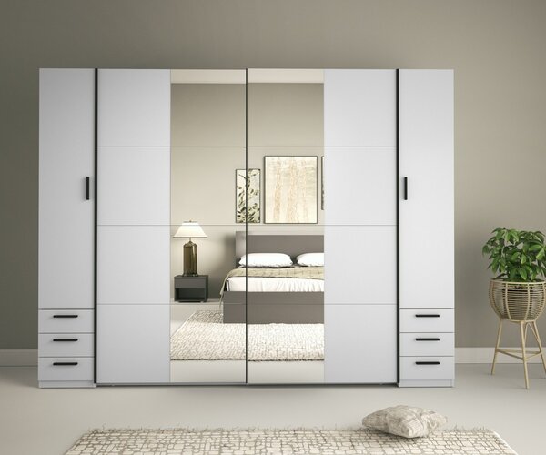 Tükrös gardrób 270 cm fiókokkal GIRADOT - fehér / fekete fogantyúk