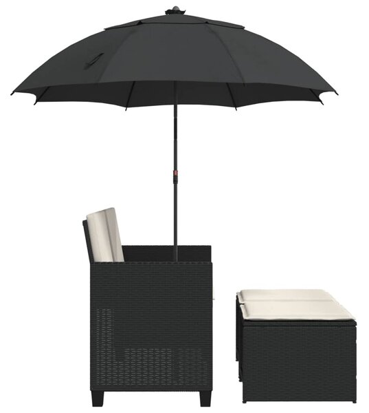 2 személyes fekete polyrattan kerti kanapé napernyővel/székkel