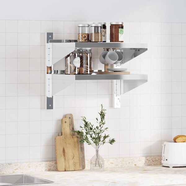 2 szintes ezüst rozsdamentes acél fali polc 50 x 40 x 48 cm