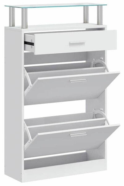 Fehér Cipősszekrény Fiókkal és Üvegpolccal - 63x24x104 cm