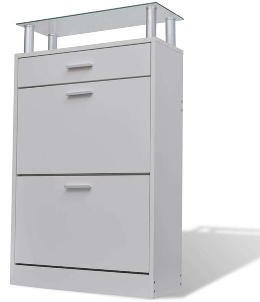 Fehér Cipősszekrény Fiókkal és Üvegpolccal - 63x24x104 cm