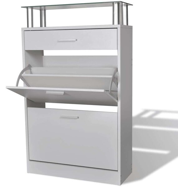 Fehér Cipősszekrény Fiókkal és Üvegpolccal - 63x24x104 cm